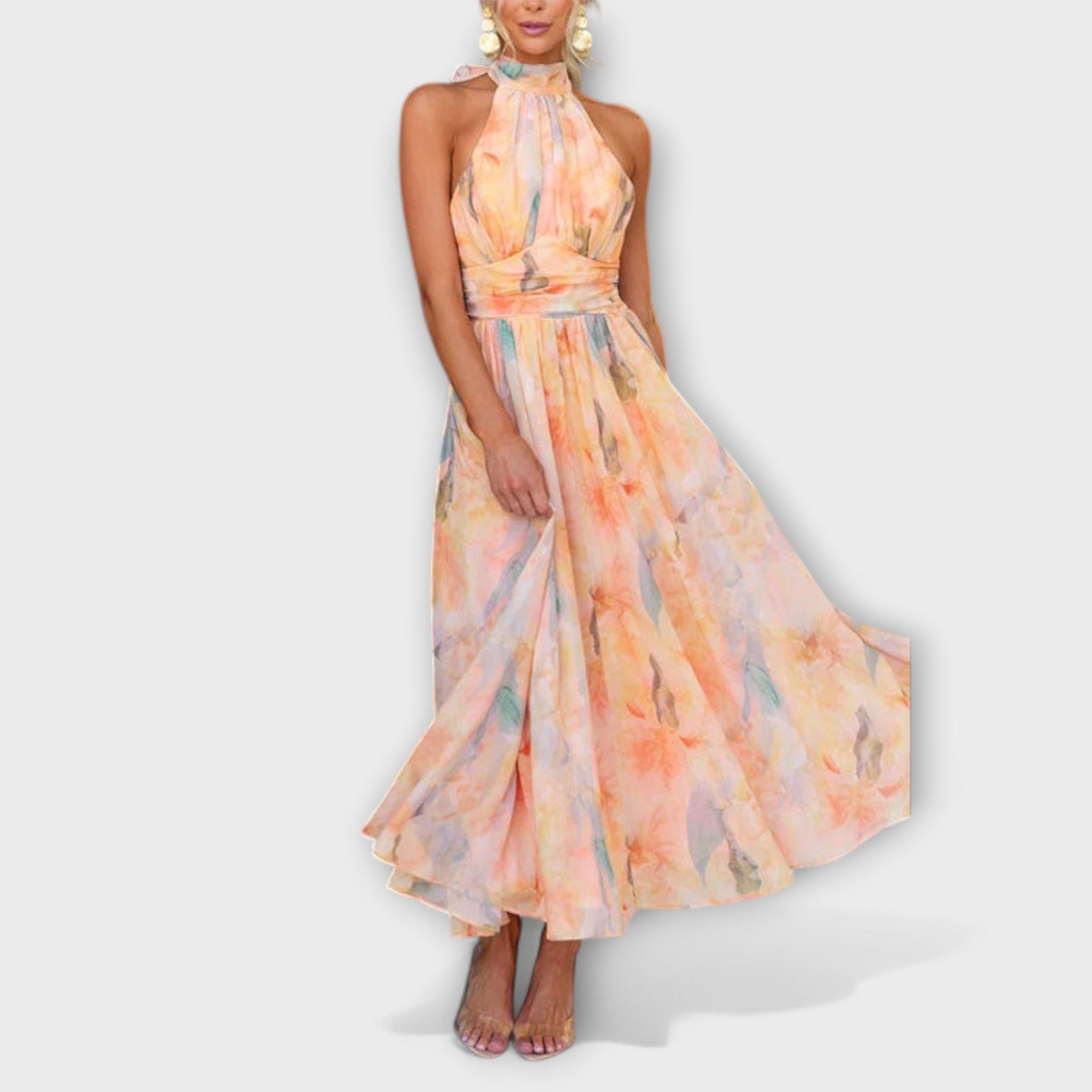 Maëlle | Robe longue à imprimé aquarelle avec col halter