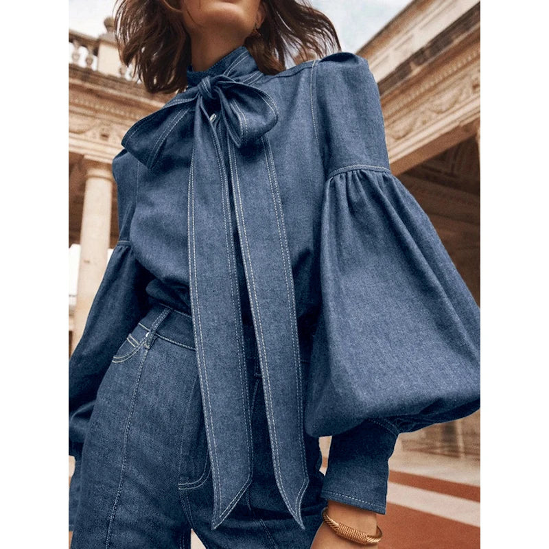 Fernande | Élégante Blouse à Col Montant avec Nœud
