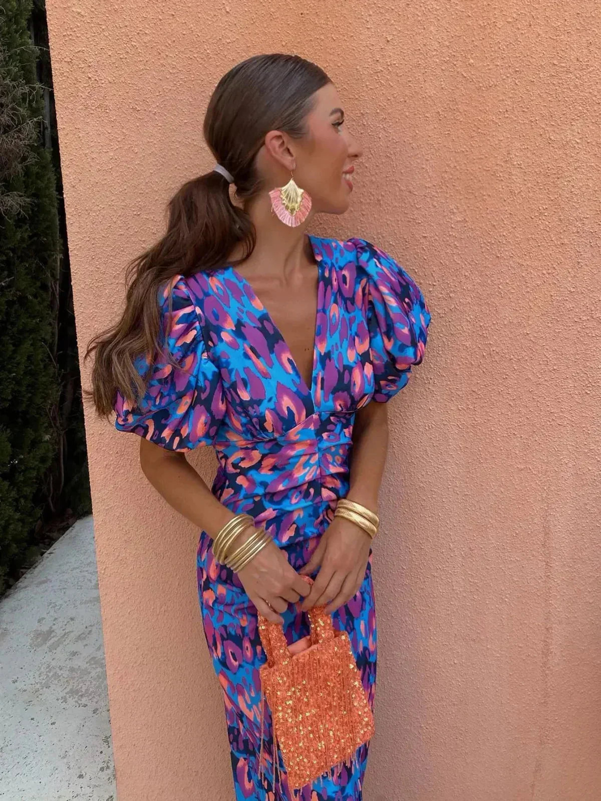 Arielle | Robe midi colorée à manches plissées