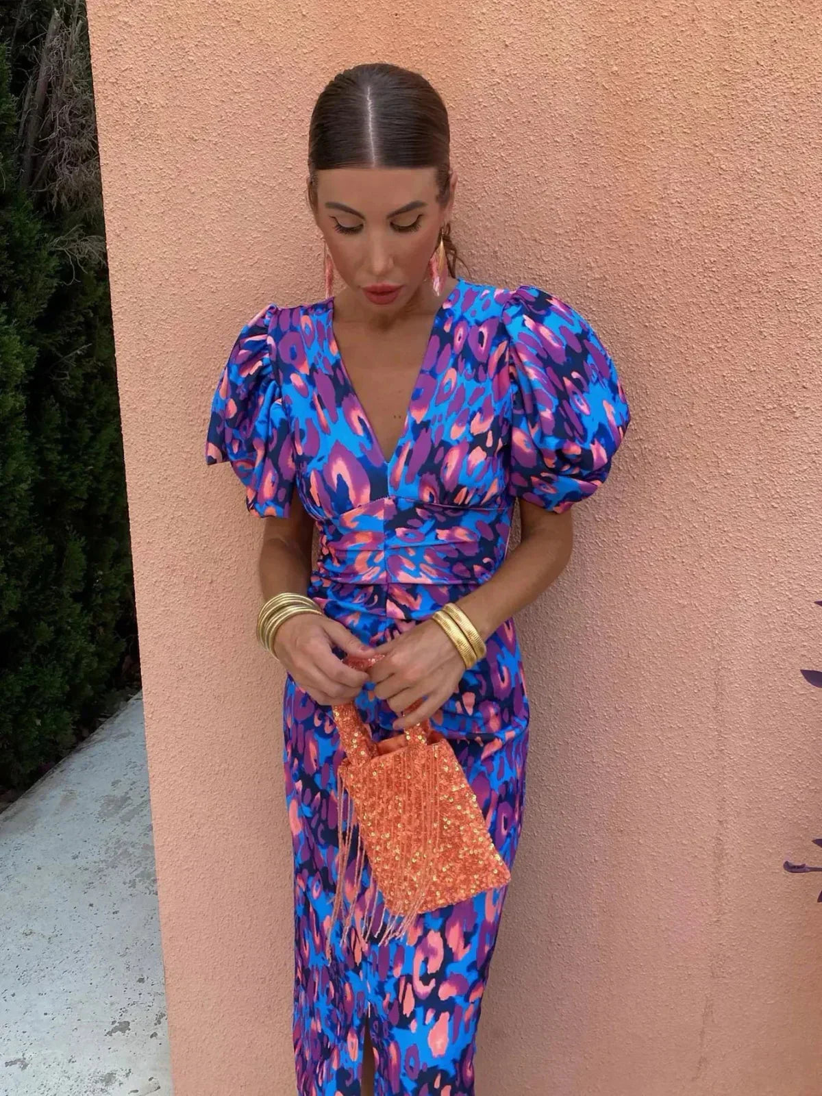 Arielle | Robe midi colorée à manches plissées