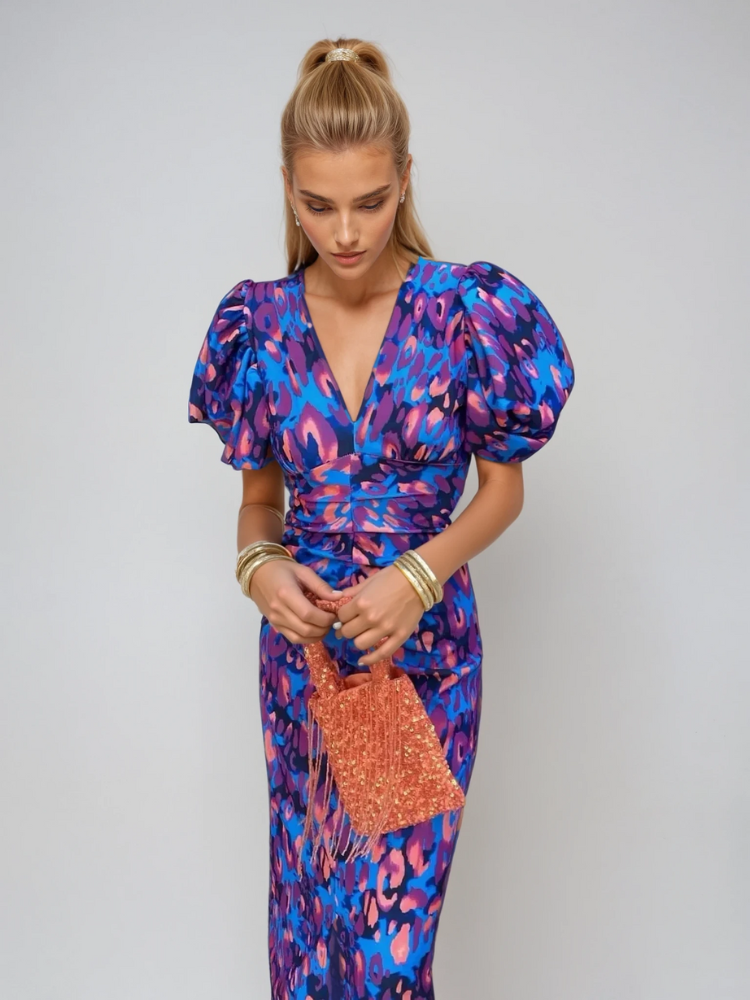 Arielle | Robe midi colorée à manches plissées