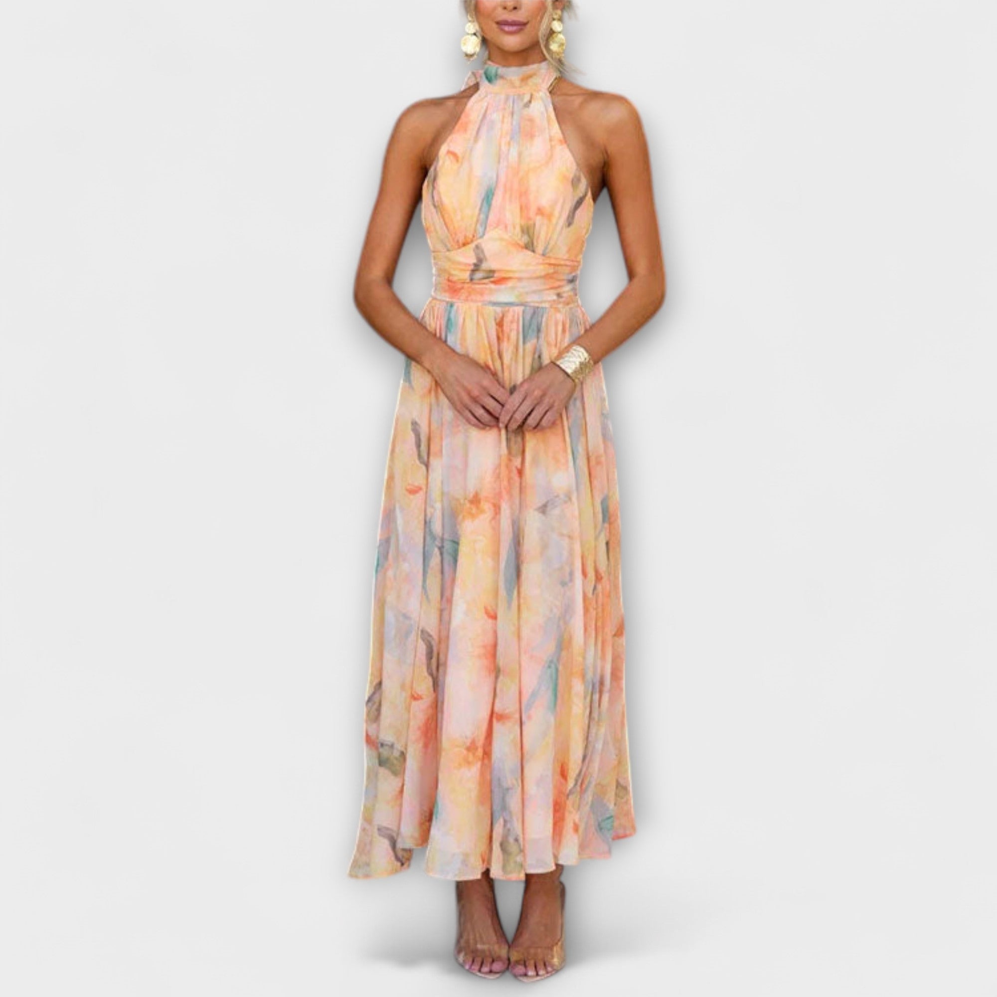 Maëlle | Robe longue à imprimé aquarelle avec col halter
