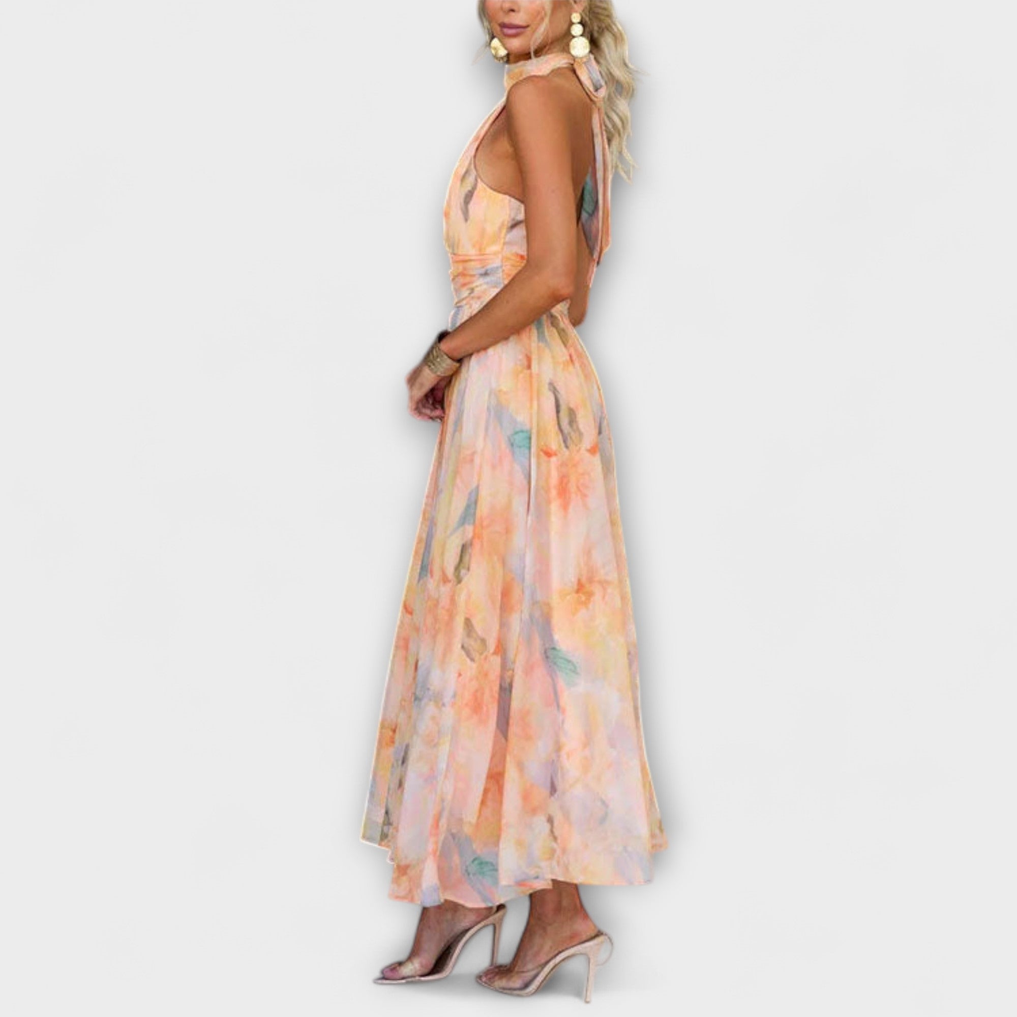 Maëlle | Robe longue à imprimé aquarelle avec col halter