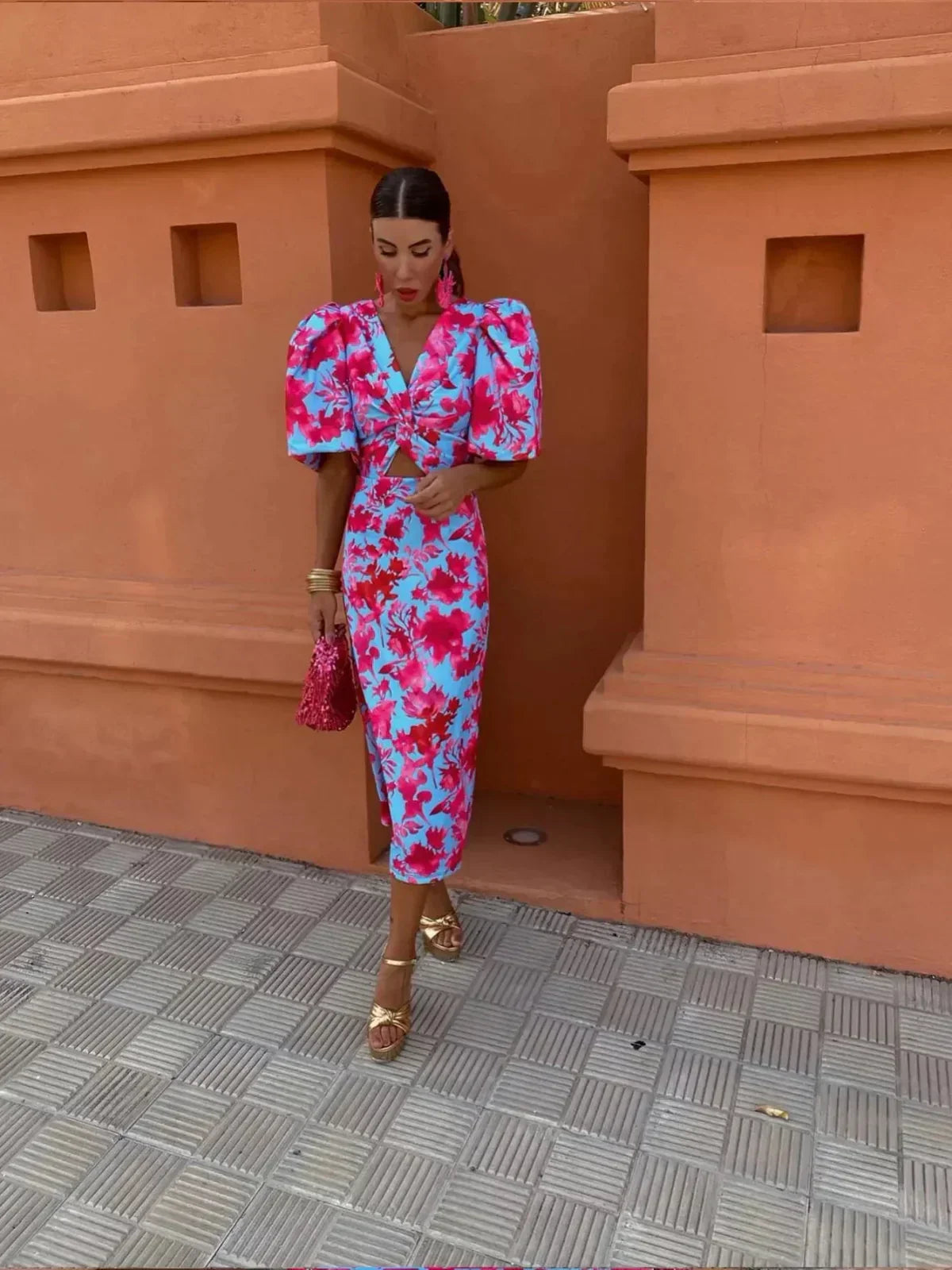 Arielle | Robe midi colorée à manches plissées